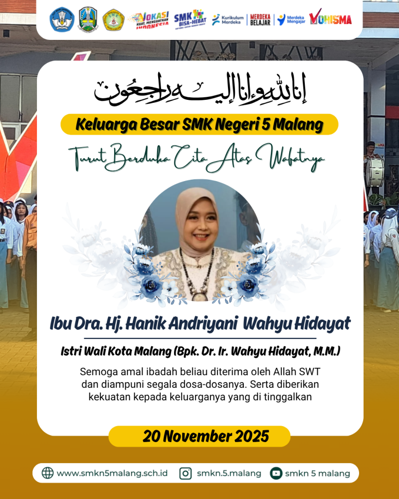 penuh duka cita menyampaikan kabar belasungkawa yang mendalam atas berpulangnya ke rahmatullah:  Ibu Dra. Hj. Hanik Andriyani Wahyu Hidayat,